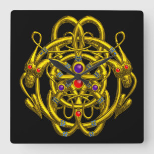 GOLD CELTIC KNOTS WITH TWIN DRAGONS SQUARE WALL CLOCK