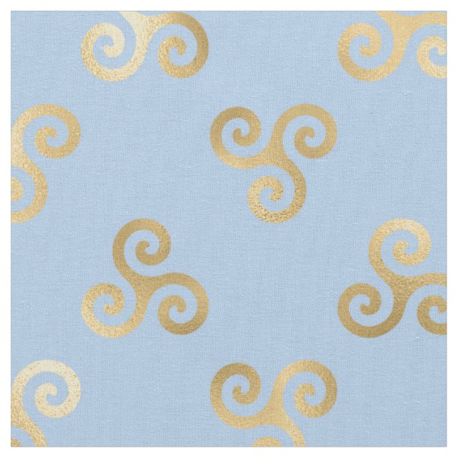Gold Celtic Triskele Spirals on Light Blue Fabric (Close Up)