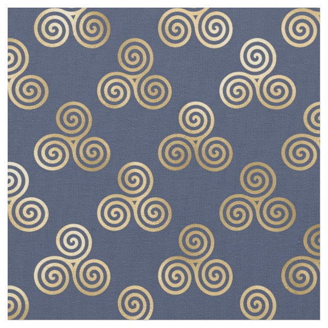 Gold Celtic Triskele Spirals on Navy Blue Fabric (Close Up)