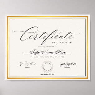 Gold Certificate of completion, award diploma Poster