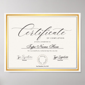 Gold Certificate of completion, award diploma Poster