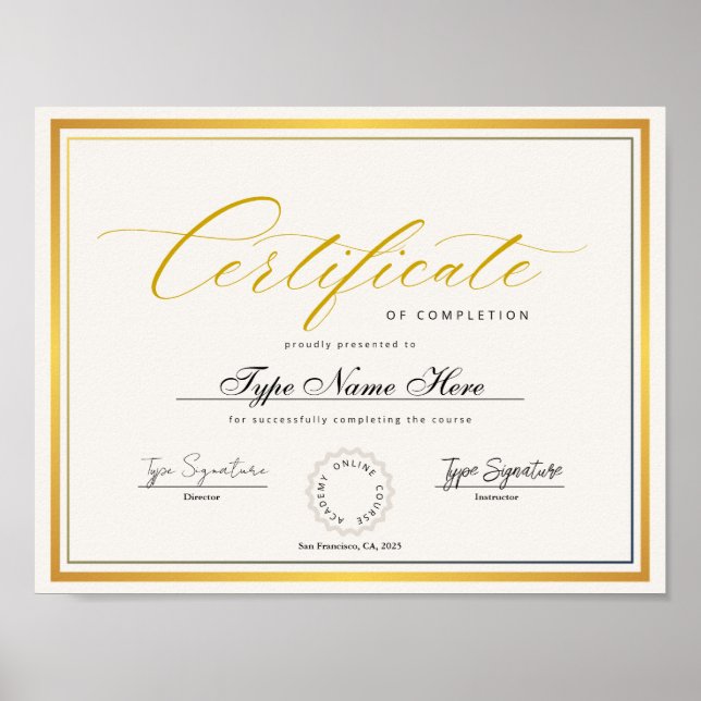 Gold Certificate of completion, award diploma Poster (Front)