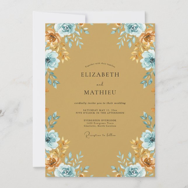 Gold Cerulean Ranunculus Eucalyptus Wedding Invitation (Front)