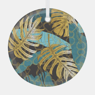 Gold chain curtain, tropical leaves. glass tree decoration