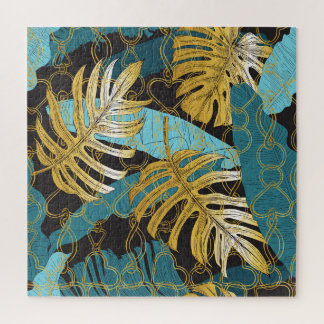 Gold chain curtain, tropical leaves. jigsaw puzzle