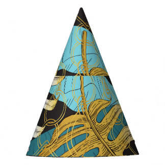 Gold chain curtain, tropical leaves. party hat