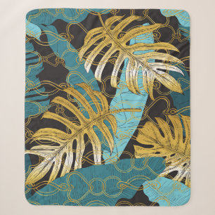 Gold chain curtain, tropical leaves. sherpa blanket