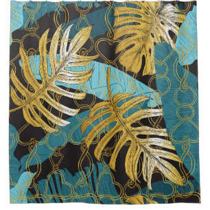 Gold chain curtain, tropical leaves. shower curtain