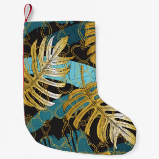 Gold chain curtain, tropical leaves. small christmas stocking