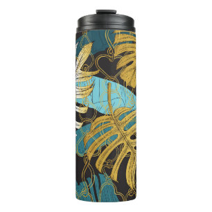 Gold chain curtain, tropical leaves. thermal tumbler