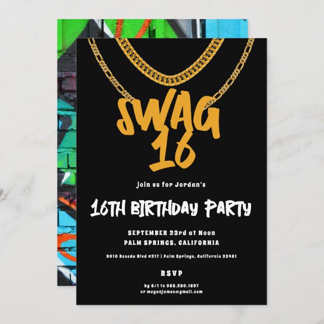 Gold Chain | Swag 16 Birthday Party Invitation (Front/Back)