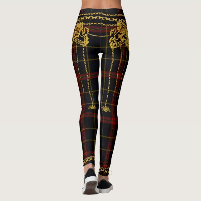 Gold Chain Trim Red Black Tartan Plaid Leggings (Back)