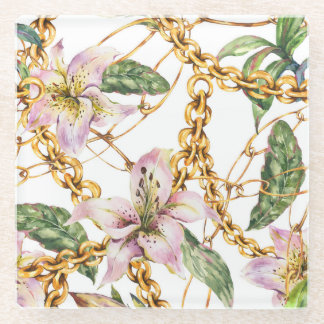 Gold Chains & Royal Lilies: Watercolor Elegance Glass Coaster