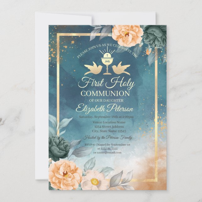 Gold Chalice Green Roses First Holy Communion Invitation (Front)