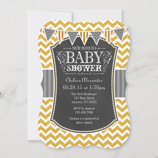Gold Chalkboard Chevron Baby Shower Invite (Front)