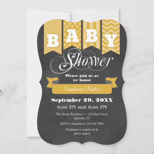 Gold Chalkboard Flag Baby Shower Invite (Front)