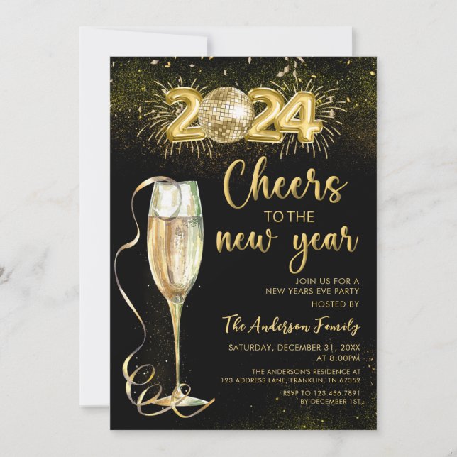 Gold Champage Cheers New Year Eve Party 2024 Invitation (Front)