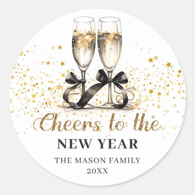 Gold Champage Cheers New Years Eve Party Classic Round Sticker (Front)