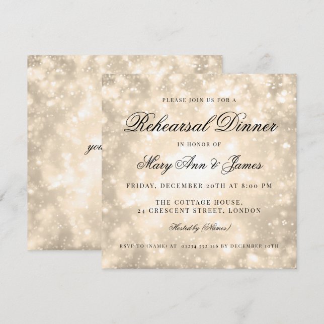 Gold Champagne Bokeh Elegant Rehearsal Dinner Invitation (Front/Back)
