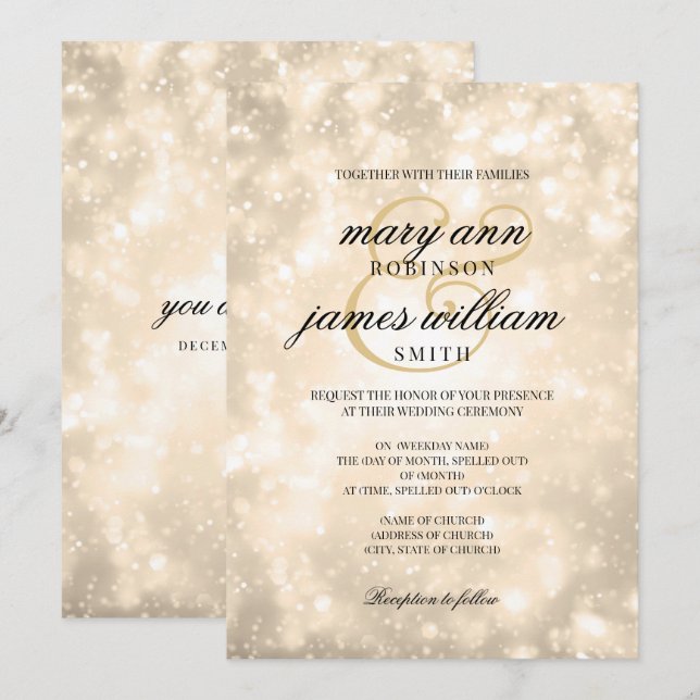 Gold Champagne Bokeh Elegant Wedding Invitation (Front/Back)