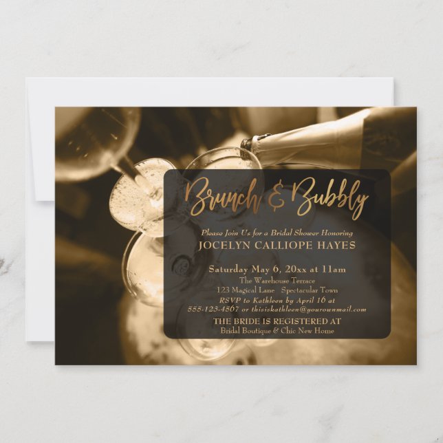 Gold Champagne Brunch & Bubbly Handwriting Invitation (Front)