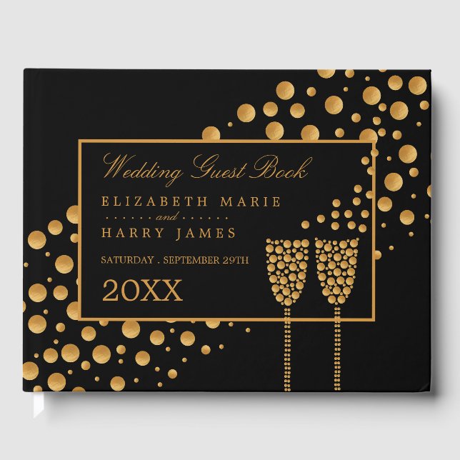 Gold Champagne Bubbles, Black & Gold Wedding Guest Book (Front)