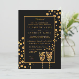 Gold Champagne Bubbles - Black & Gold - Wedding Invitation