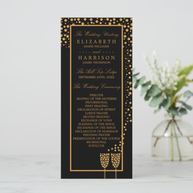 Gold Champagne Bubbles - Black & Gold - Wedding Program (Standing Front)