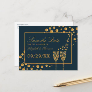 Gold Champagne Bubbles, Blue & Gold, Save the Date Announcement Postcard