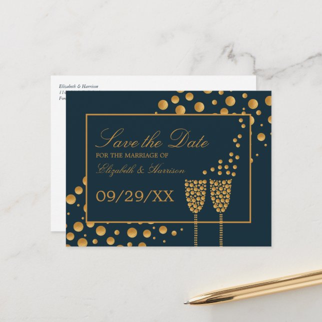 Gold Champagne Bubbles, Blue & Gold, Save the Date Announcement Postcard (Front/Back In Situ)
