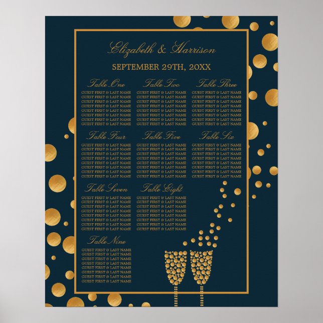 Gold Champagne Bubbles, Blue & Gold Seating Chart (Front)