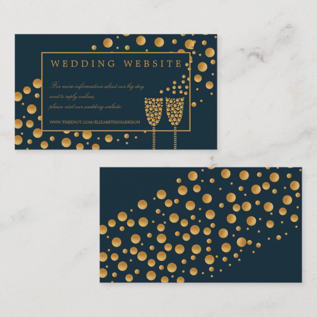 Gold Champagne Bubbles, Blue & Gold Wedding Detail Enclosure Card (Front/Back)