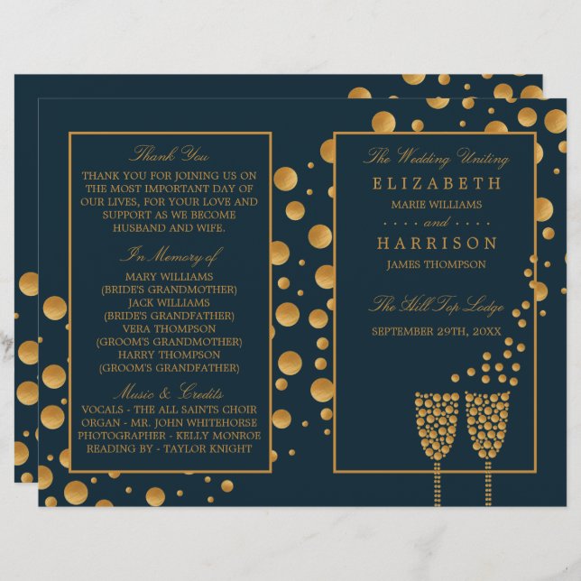 Gold Champagne Bubbles Blue/Gold Wedding Programme (Front/Back)