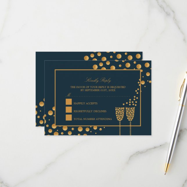 Gold Champagne Bubbles - Blue & Gold - Wedding RSVP Card (Front/Back In Situ)