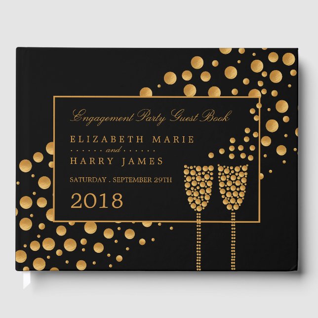 Gold Champagne Bubbles Engagement Party Guest Book (Front)