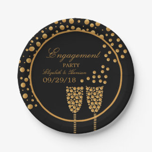Gold Champagne Bubbles Engagement Party Paper Plate