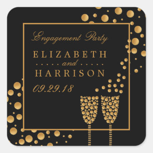 Gold Champagne Bubbles Engagement Party Square Sticker