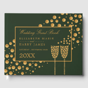Gold Champagne Bubbles, Green & Gold Wedding Guest Book