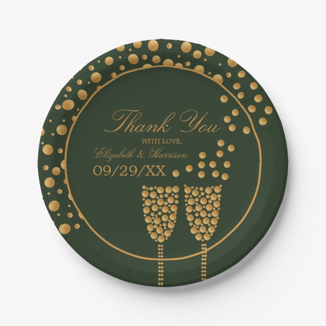 Gold Champagne Bubbles - Green & Gold - Wedding Paper Plate (Front)