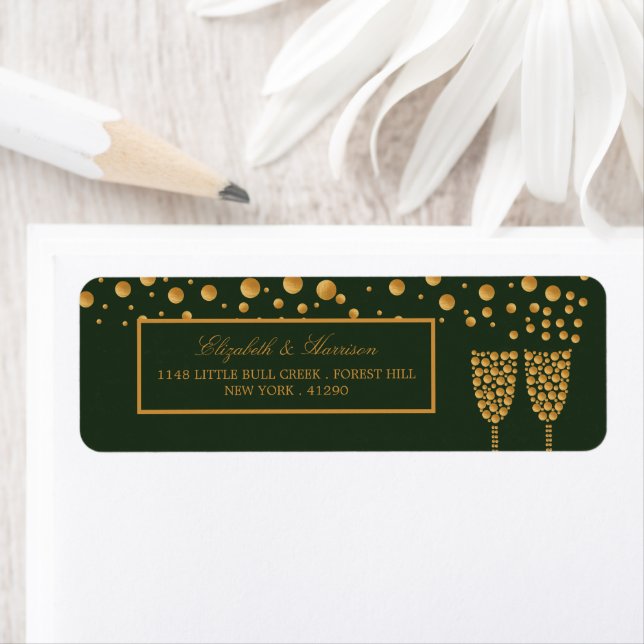 Gold Champagne Bubbles - Green & Gold - Wedding Return Address Label (Insitu)