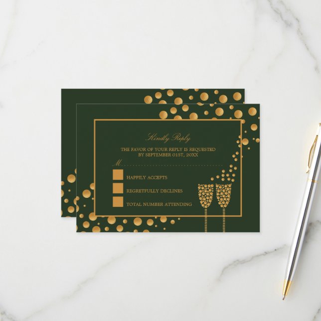 Gold Champagne Bubbles - Green & Gold - Wedding RSVP Card (Front/Back In Situ)
