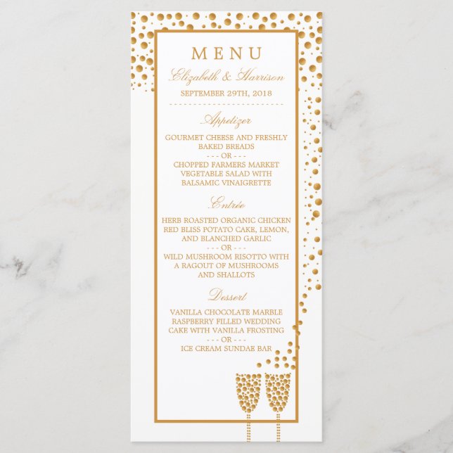 Gold Champagne Bubbles Wedding Menu (Front)
