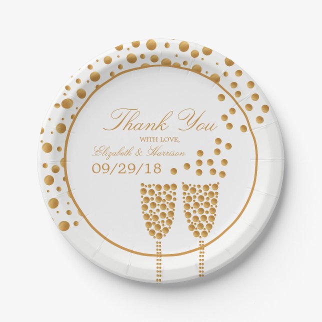 Gold Champagne Bubbles Wedding Paper Plate (Front)