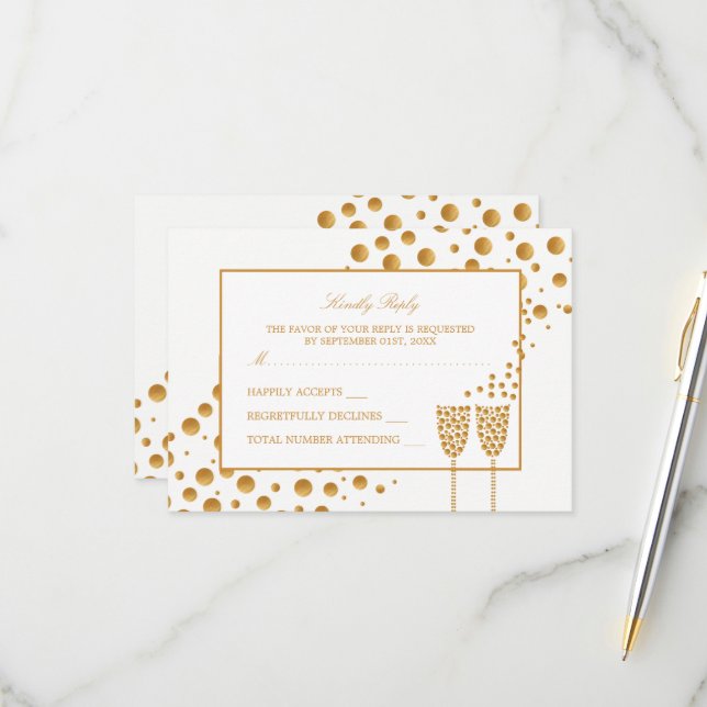 Gold Champagne Bubbles Wedding RSVP Card (Front/Back In Situ)