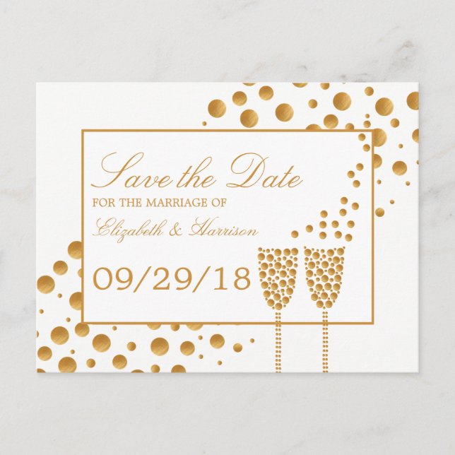Gold Champagne Bubbles Wedding Save The Date Announcement Postcard (Front)