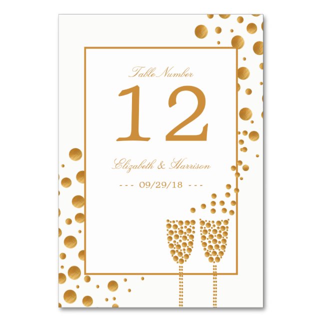 Gold Champagne Bubbles Wedding Table No. Table Number (Front)