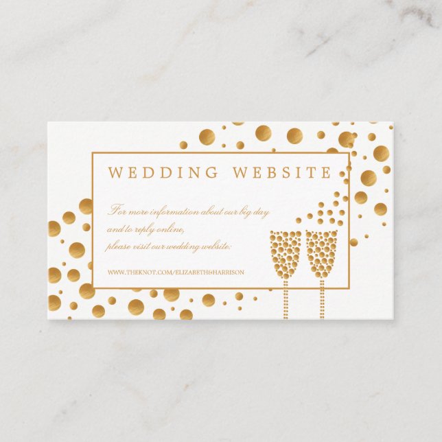 Gold Champagne Bubbles Wedding Website Enclosure Card (Front)