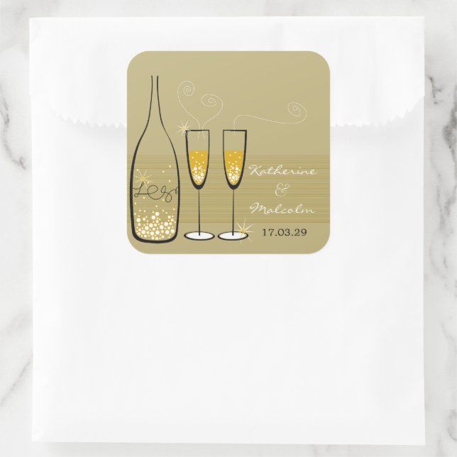 Gold Champagne Bubbly Cheers Stylish Wedding Party Square Sticker (Bag)