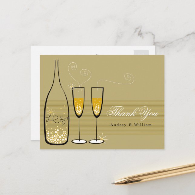 Gold Champagne Bubbly Elegant Wedding Thank You Postcard (Front/Back In Situ)
