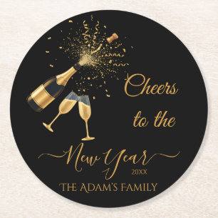Gold Champagne Cheers New Year Round Paper Coaster